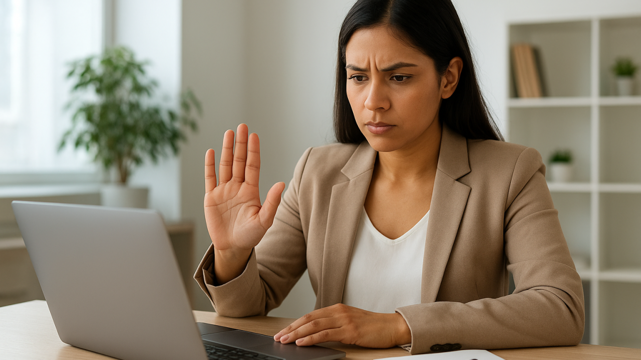 Mujer profesional estableciendo límites saludables en su entorno de trabajo.